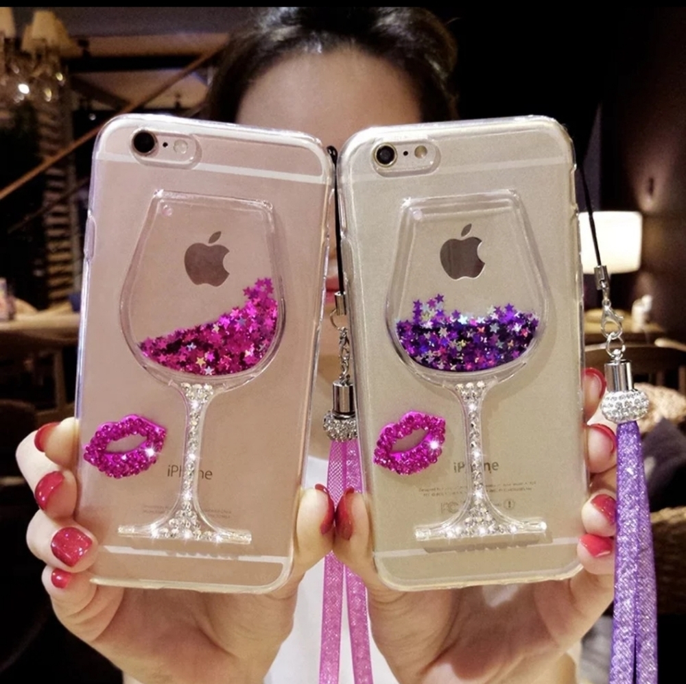 Apple Glitter Wine Glass Phone Case with Purple Star Confetti - Picture 3 of 8